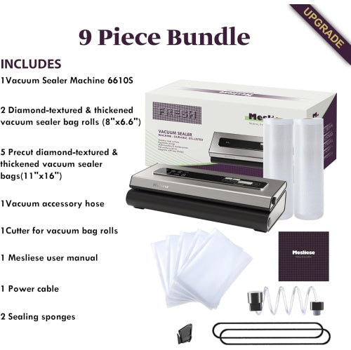 Mesliese Vacuum Sealer Machine 90Kpa Precision 6-in-1 Compact Vacuum Food Preservation System Built-in Cutter, 2 Bag Rolls & 5 Pre-cut Bags, Dry&Moist Modes Smart Suction - Silver