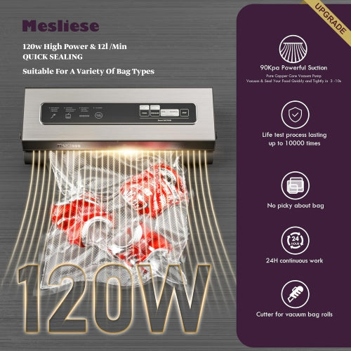 Mesliese Vacuum Sealer Machine 90Kpa Precision 6-in-1 Compact Vacuum Food Preservation System Built-in Cutter, 2 Bag Rolls & 5 Pre-cut Bags, Dry&Moist Modes Smart Suction - Silver