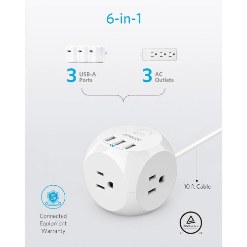 Anker Power Strip with USB, 8 ft Extension Cord, PowerPort Cube USB with 3 Outlets and 3 USB Ports - White