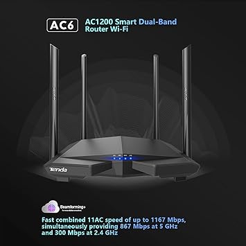 Tenda AC1200 WiFi Router, Dual Band Wireless Router 4 x 100 Mbps Ethernet Ports, Supports APP, Guest WiFi, Access Point Mode, IPv6, Parental Control(AC6)